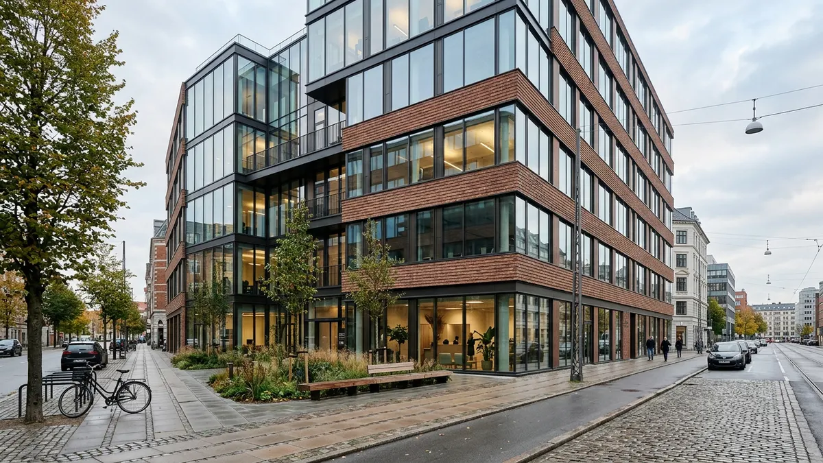Moderne kontorejendom i København med glasfacade under en blå himmel, repræsenterende dansk erhvervsejendom.