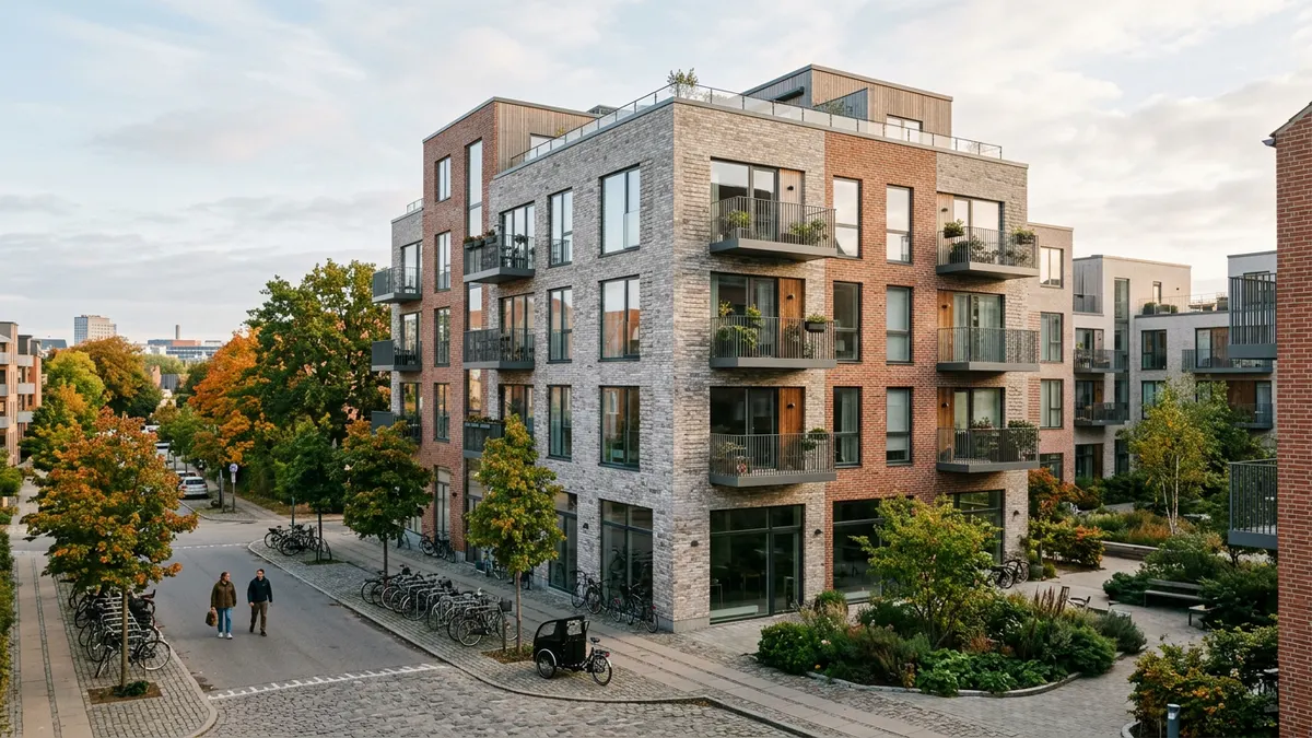 Moderne erhvervsejendom i Aarhus havn, der repræsenterer stabil dansk ejendomsinvestering.