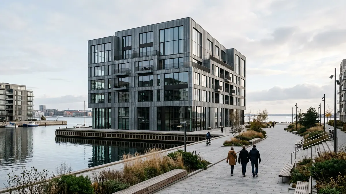 Moderne kontorbygning i København med glasfacade, der reflekterer den blå himmel, repræsenterende dansk ejendomsinvestering.