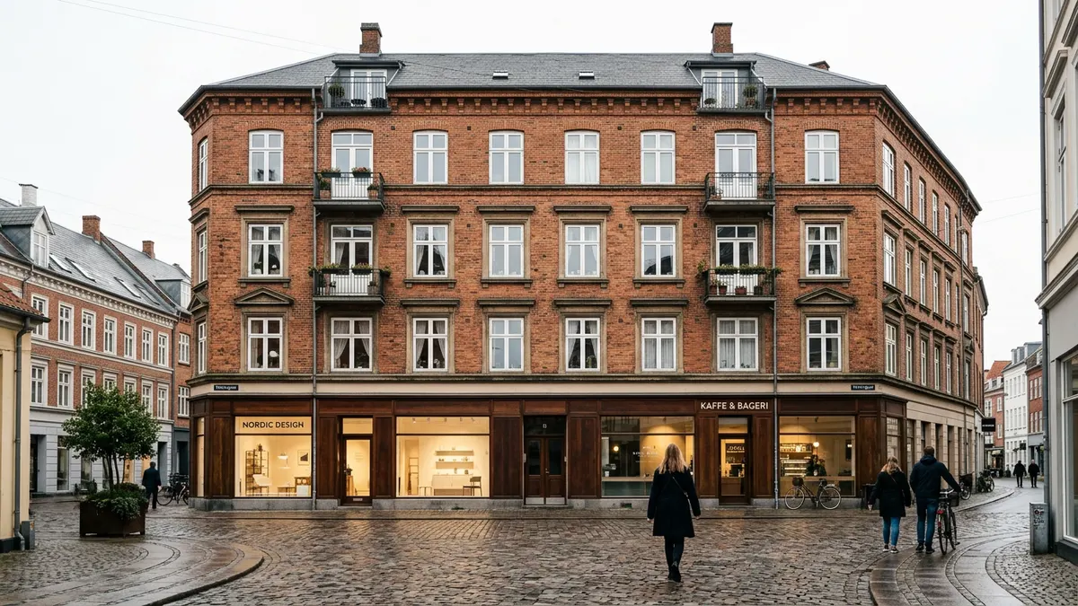Klassisk dansk byejendom med butik i stueetagen og lejligheder på de øvre etager i et velholdt bymiljø.