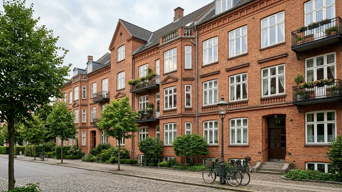 Moderne boligudlejningsejendom i København med klassisk arkitektur under en klar himmel.