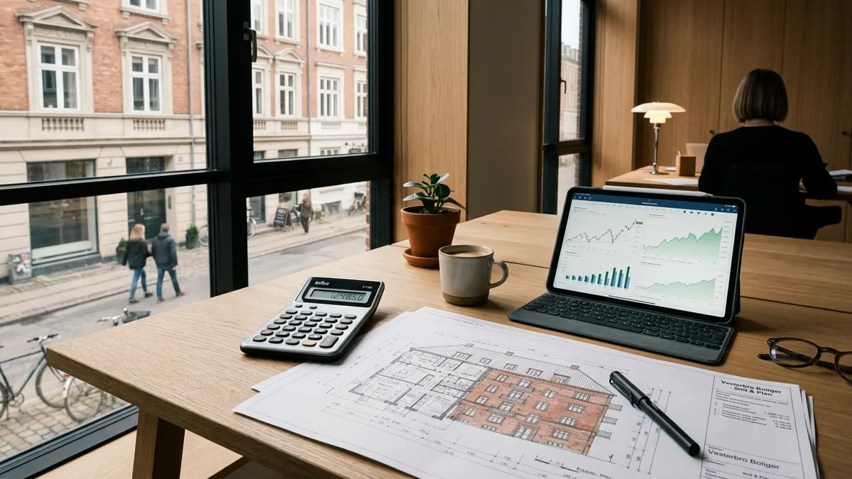 En professionel investor gennemgår regnskaber for en boligudlejningsejendom i København med en lommeregner og plantegninger.
