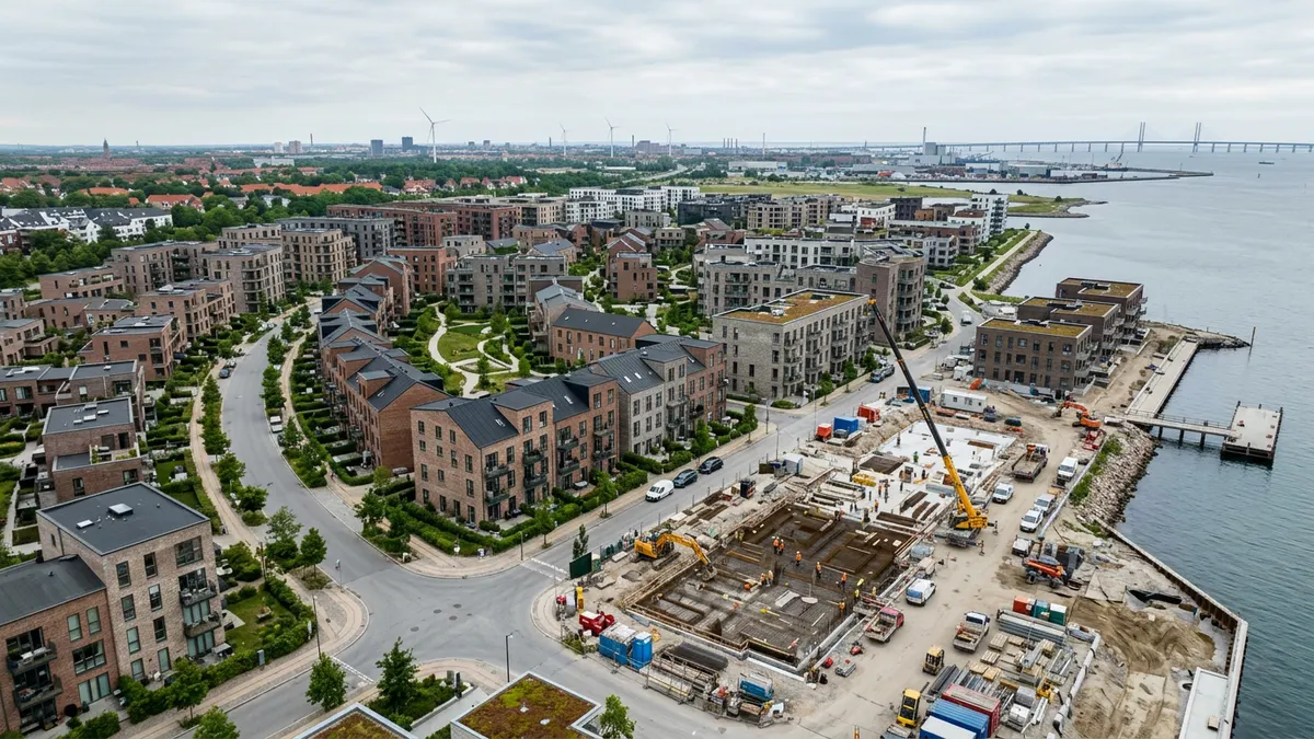 Luftfoto af en moderne dansk bydel med boligejendomme og grønne arealer under udvikling.