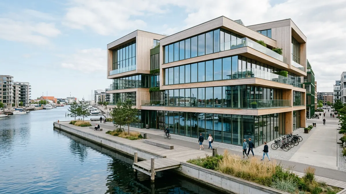 Moderne kontorbyggeri i København med fokus på bæredygtig arkitektur og glasfacader.
