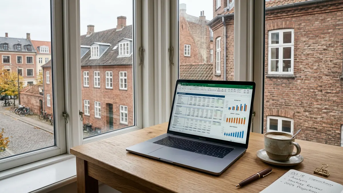 A professional overview of a Danish property operating budget showing maintenance and vacancy costs.