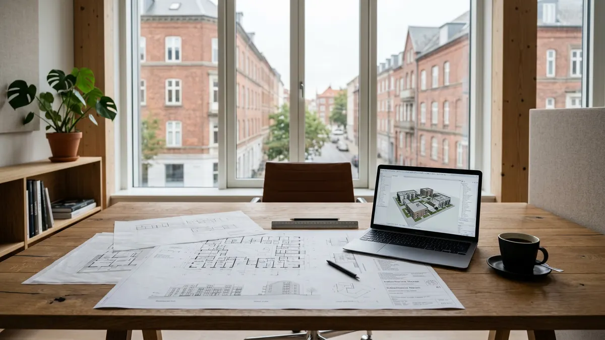 Moderne kontorbygning i København afspejlet i vandet med fokus på professionel forvaltning.