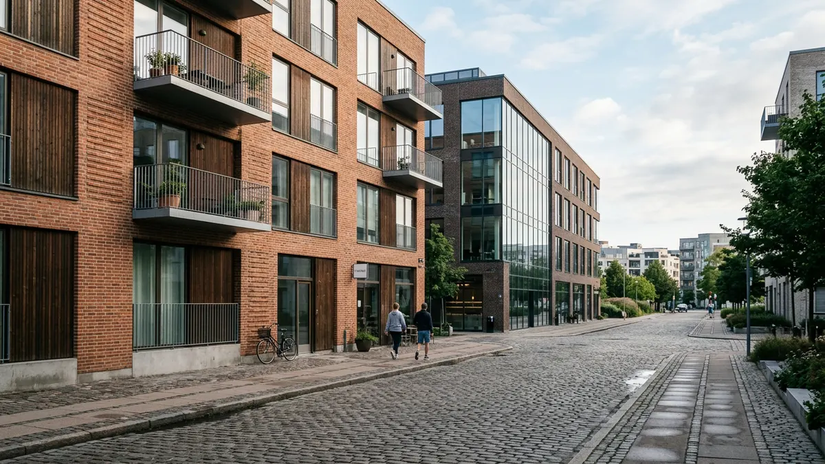 Moderne dansk arkitektur og byudvikling i et dansk vækstområde under en klar himmel.