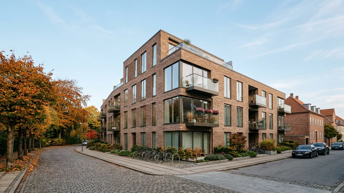 Moderne dansk ejendomskompleks i København under en klar efterårshimmel, der repræsenterer stabilt boligmarked.