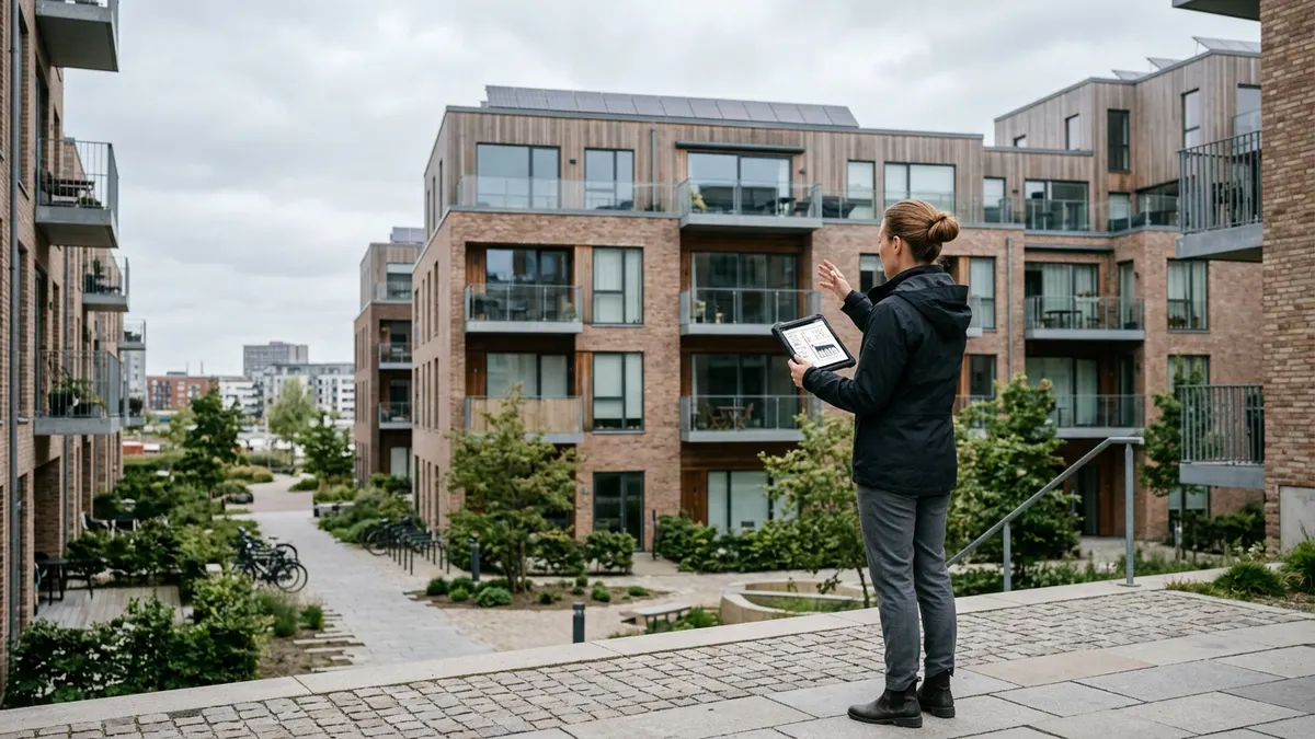 A modern Danish apartment block representing high energy efficiency standards.
