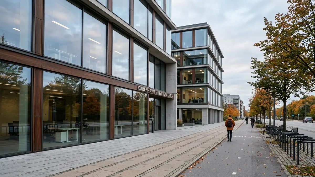 Moderne kontorbygning i København med glasfacade og professionelt miljø.