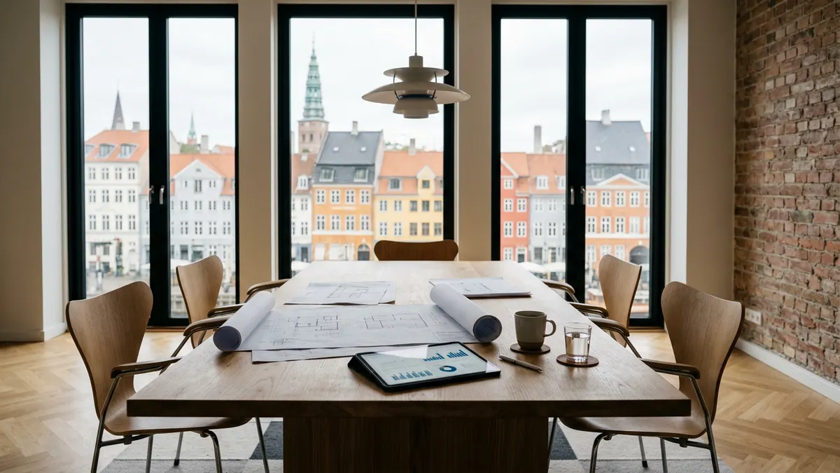 Professional commercial property brokers discussing a real estate transaction in Denmark