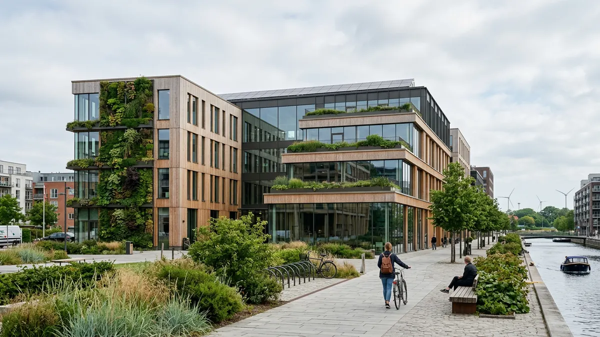 Moderne kontorejendom i København med grønne facader og solceller, der repræsenterer ESG ejendomme.