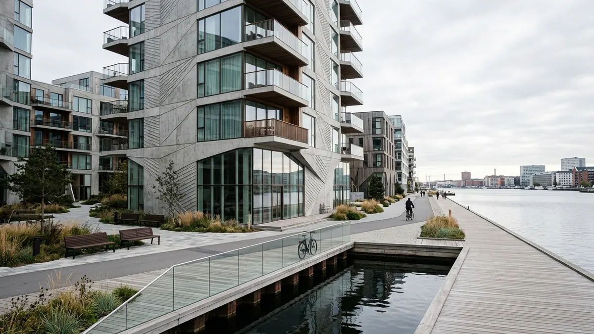 En moderne kontorbygning i København afspejlet i en glasfacade med det danske og EU flaget diskret i baggrunden.