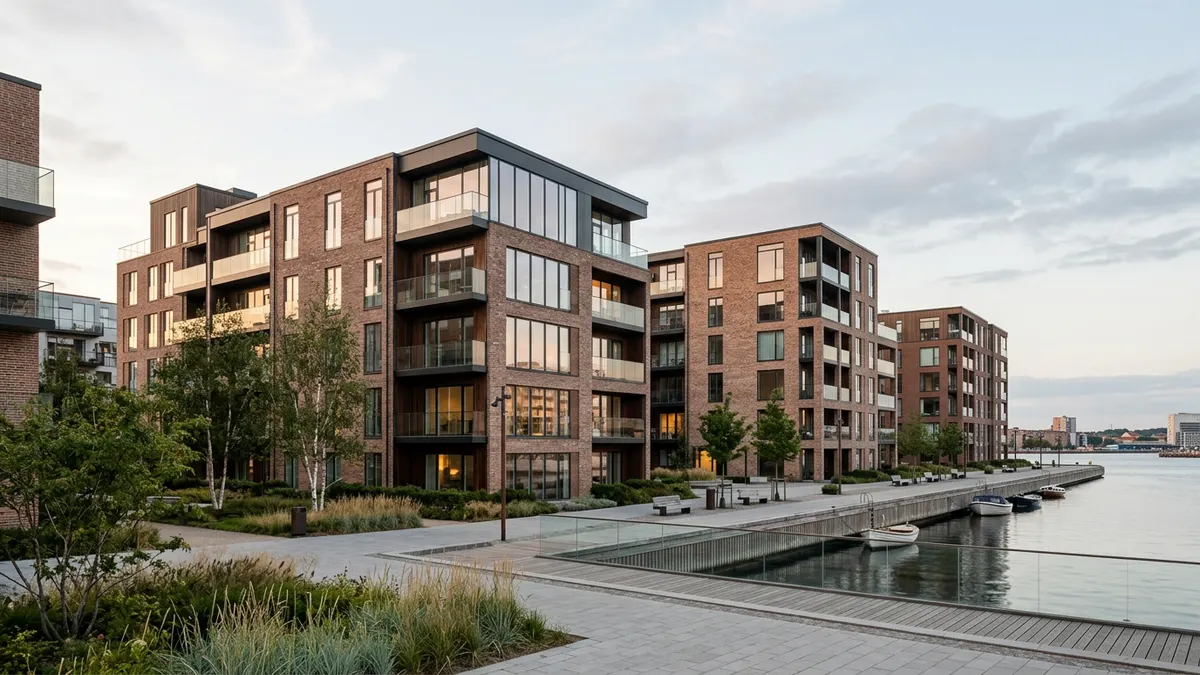 Moderne kontorbygning i Københavns havnefront ved solnedgang, symboliserende langsigtet værdi.
