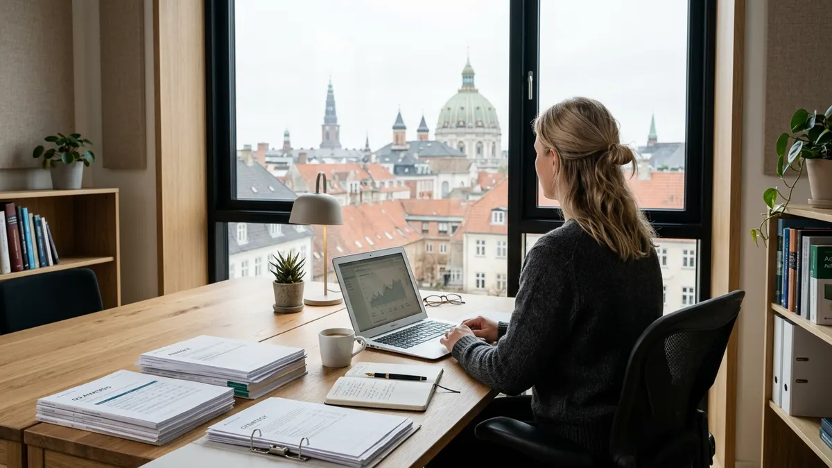 En professionel investor gennemgår regnskaber og lejekontrakter på et kontor i København med udsigt til klassisk arkitektur.