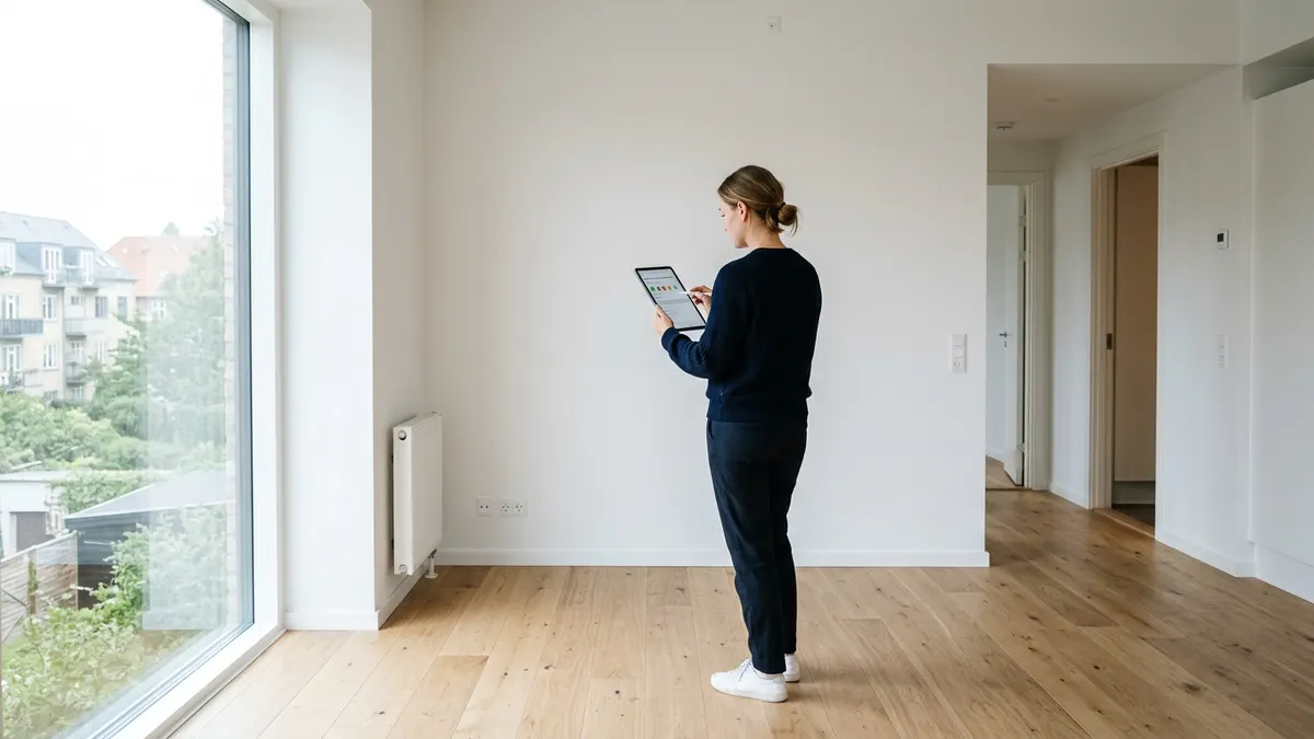 Professionel gennemgang af en lys dansk lejlighed med fokus på detaljer i gulve og vægge ved et fraflytningssyn.
