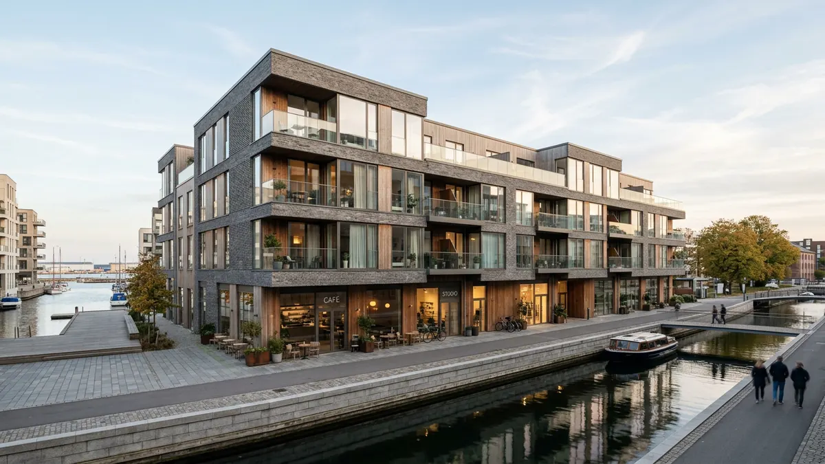 Moderne kontorbygning i København ved solnedgang, symboliserer stabil ejendomsinvestering.