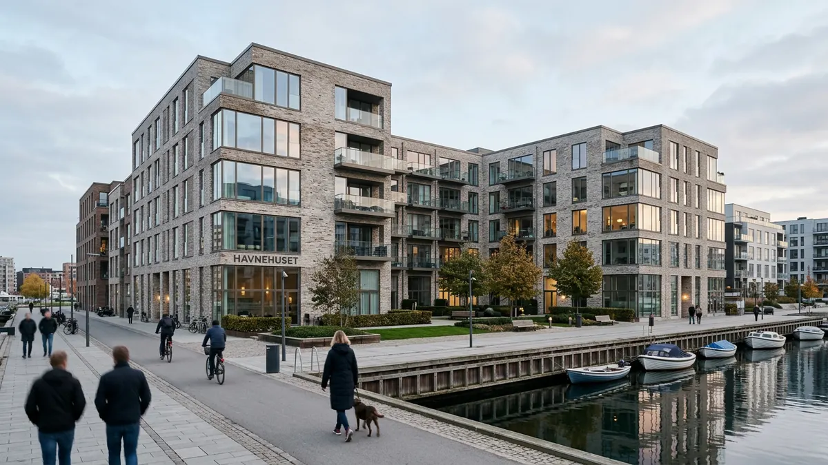Moderne boligejendom i et dansk bymiljø med fokus på arkitektoniske detaljer og vedligeholdt facade.