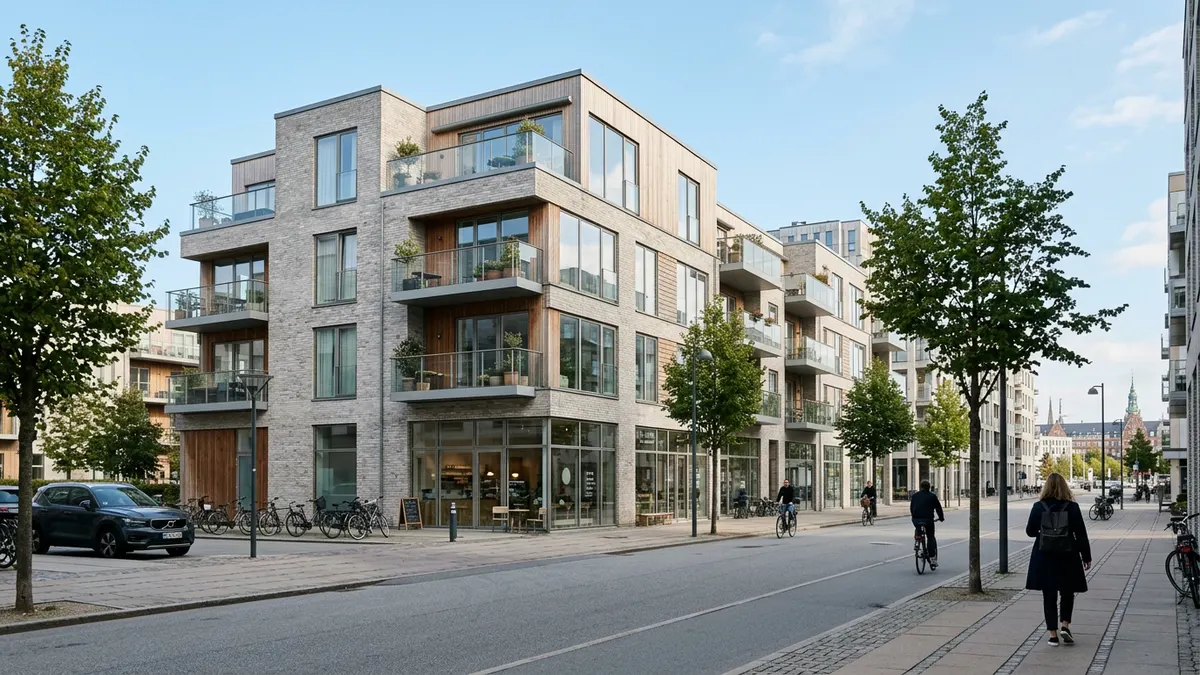 Moderne erhvervsejendom i Aarhus med fokus på arkitektoniske detaljer og bymiljø.