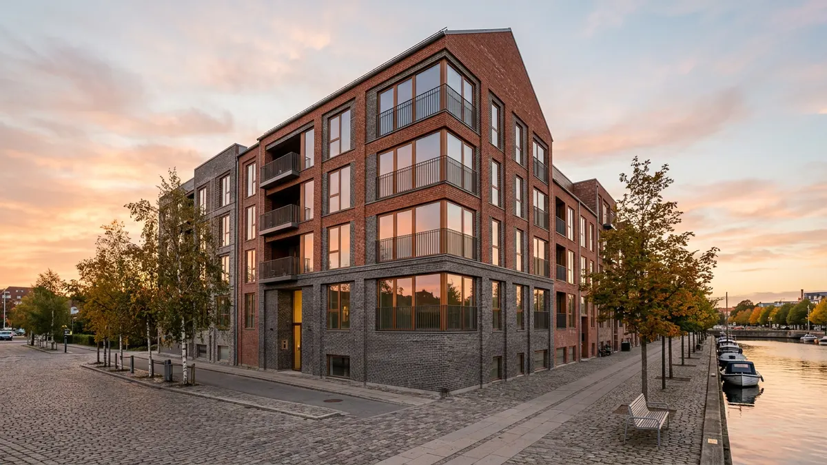 Moderne boligejendom i København med fokus på arkitektoniske detaljer og mursten under en klar himmel.