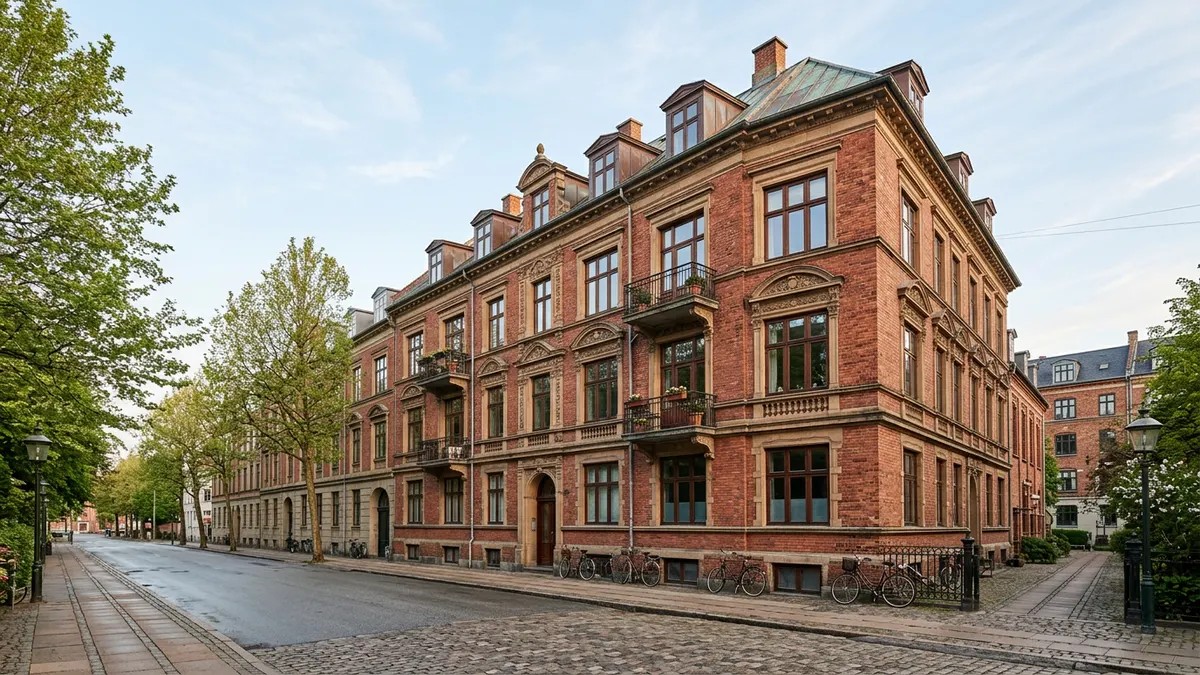 En række klassiske københavnske etageejendomme i mursten under en blå himmel, repræsenterende typiske andelsboligforeninger.