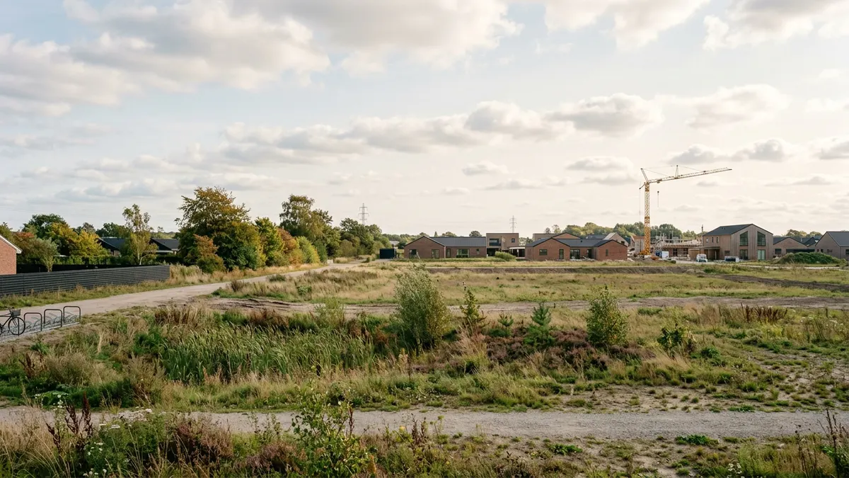 En ubebygget grund i et dansk erhvervsområde med kraner i baggrunden under en klar efterårshimmel.