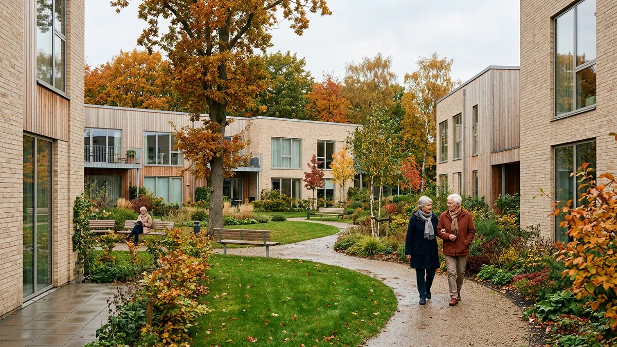 Moderne seniorboliger i et dansk bymiljø med grønne arealer og tilgængelige stisystemer.