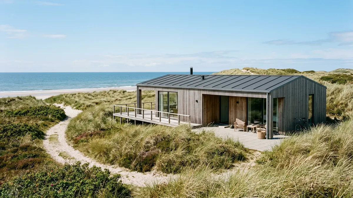 Klassisk dansk arkitekttegnet sommerhus i træ beliggende tæt på klitterne ved Vesterhavet under en klar himmel.