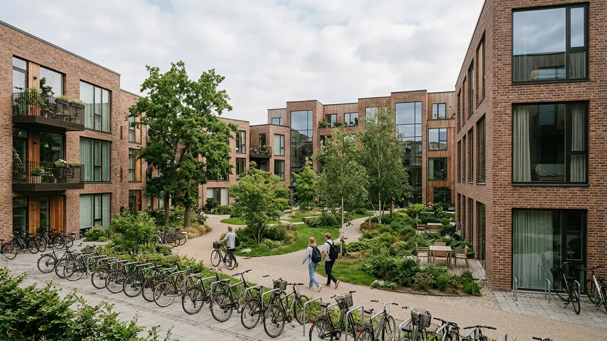 Moderne studieboligkompleks i en dansk universitetsby med studerende og cykler i forgrunden.