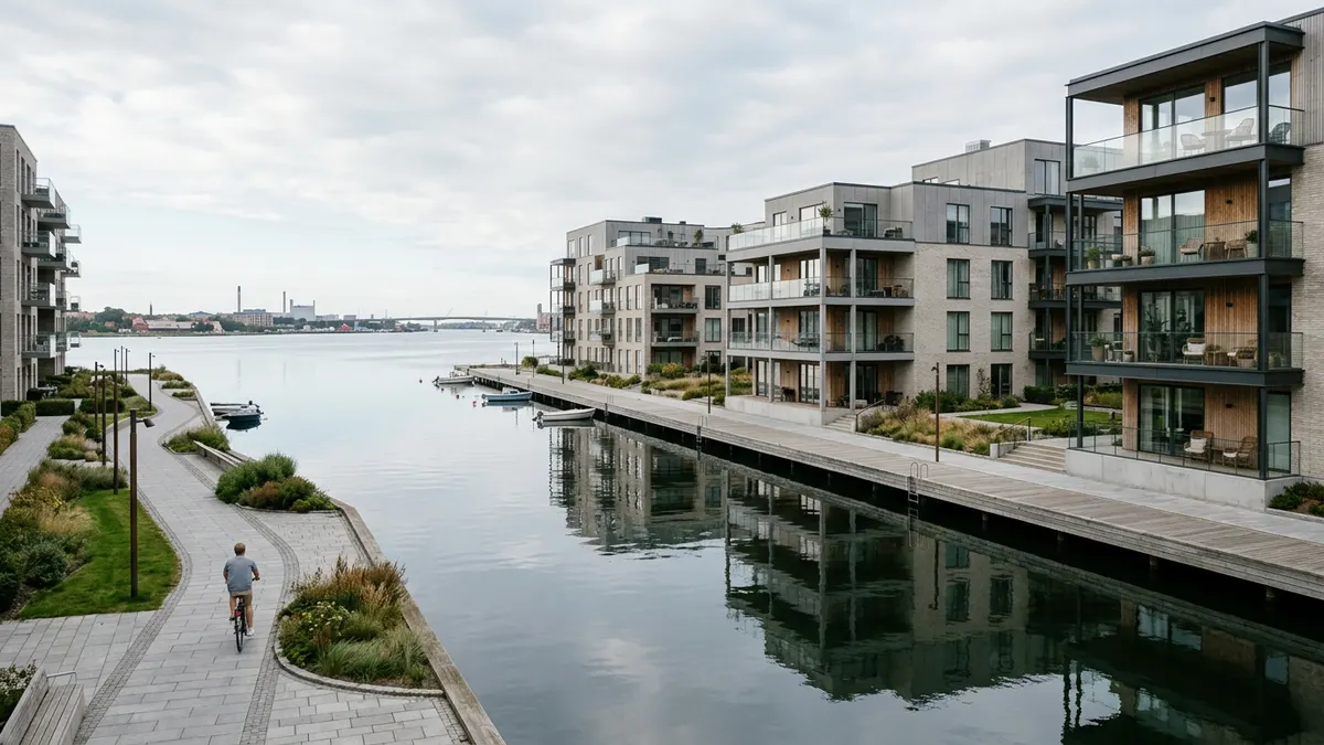 Moderne boligbyggeri ved havnefronten i Aalborg, Danmark, i roligt dagslys.