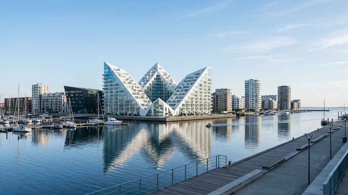 Udsigt over Aarhus havn og moderne arkitektur ved havnefronten i dagtimerne.