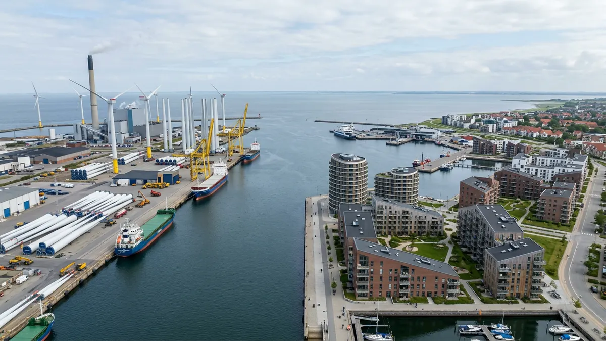 Luftfoto af Esbjerg Havn og den moderne bydel tæt på vandet i solskinsvejr