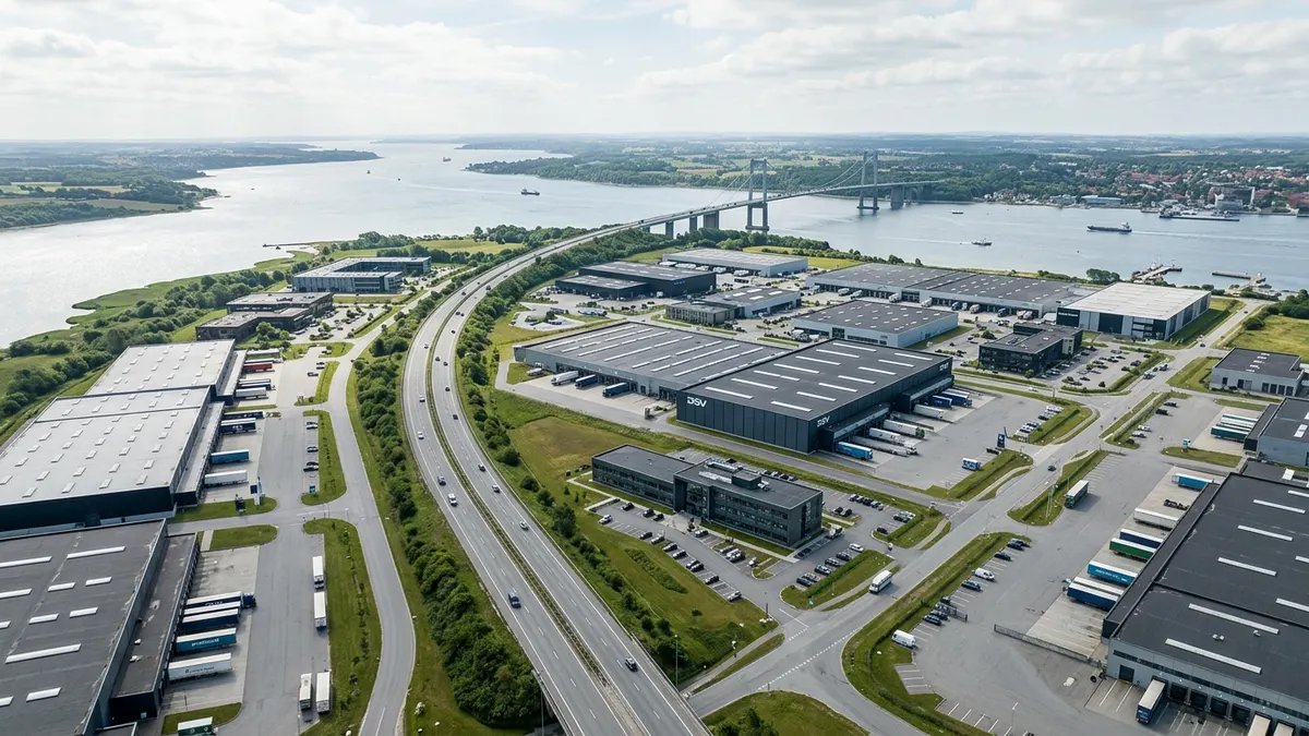 Luftfoto af erhvervsområde i Fredericia nær motorvejsnettet og Lillebæltsbroen.