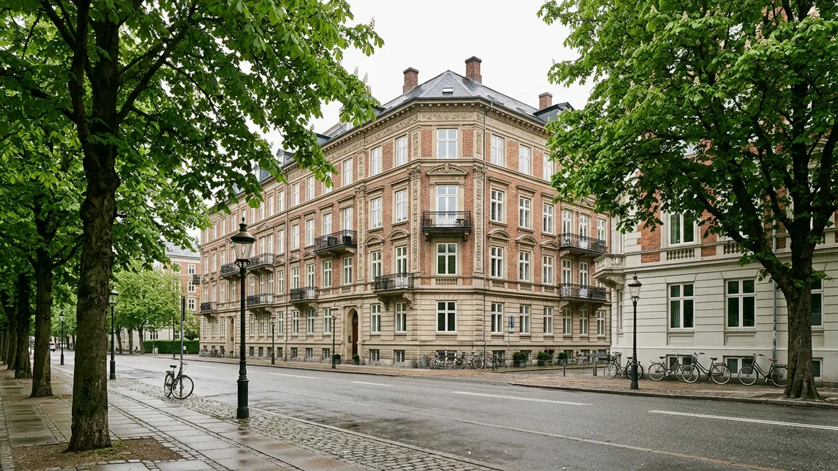 Klassisk herskabelig ejendom på Frederiksberg Alle i København med grønne træer