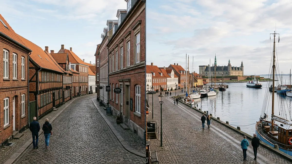 Udsigt over Helsingør havn og historiske ejendomme med Kronborg i baggrunden