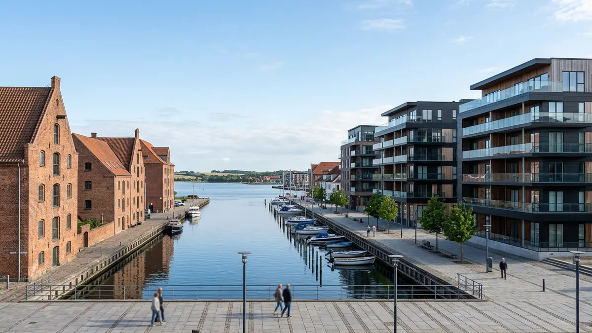 Udsigt over Horsens bymidte med moderne arkitektur og grønne områder i baggrunden.