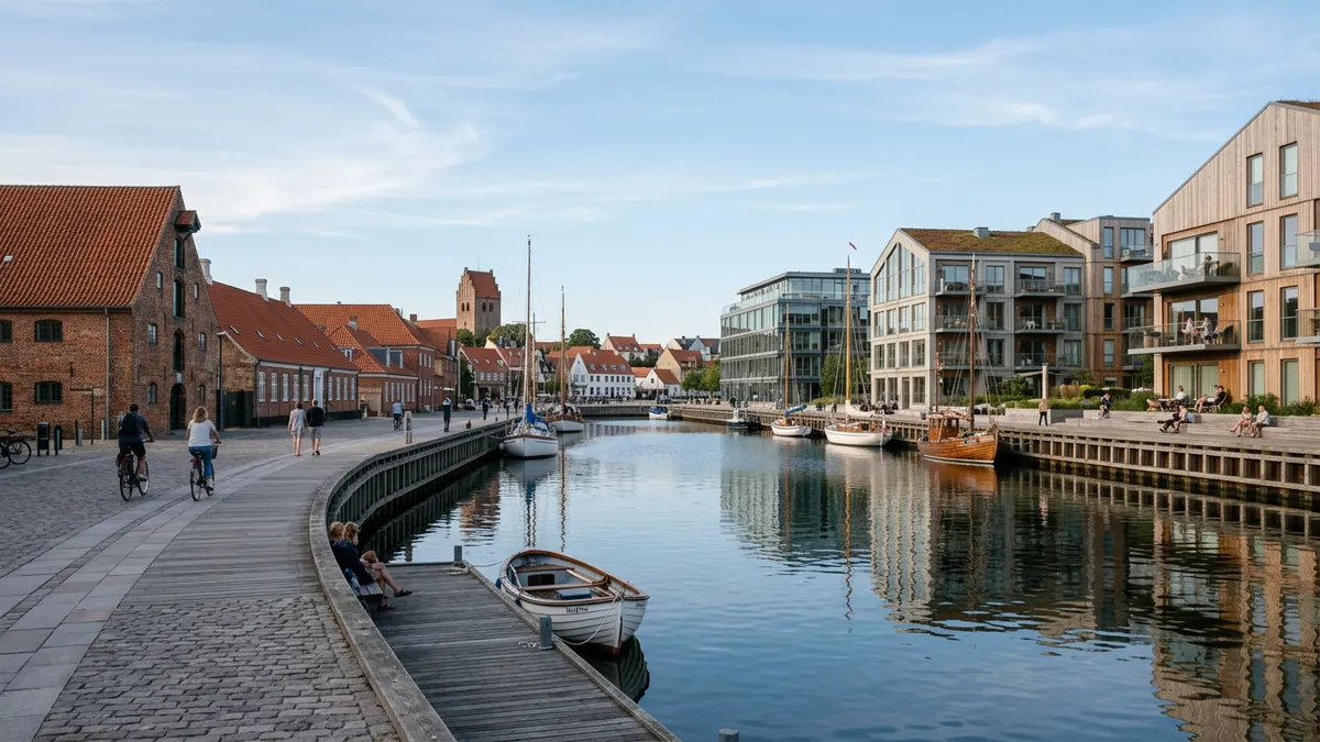 Luftfoto af Køge Havn og moderne byudvikling med fokus på erhverv og boliger i et dansk kystmiljø.