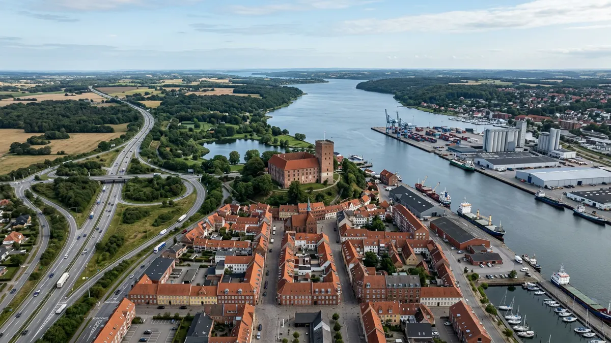 Luftfoto af Koldings havneområde og bymidte med moderne arkitektur og grønne områder