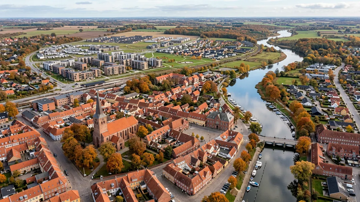 Luftfoto af Næstved bymidte med Susåen og historiske bygninger i efterårssol