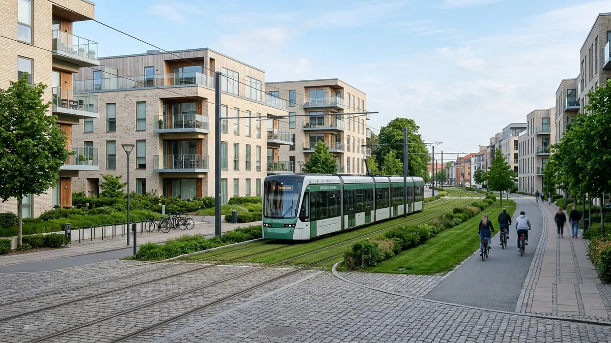 Moderne arkitektur og letbane i det centrale Odense nær det nye H.C. Andersens Hus.