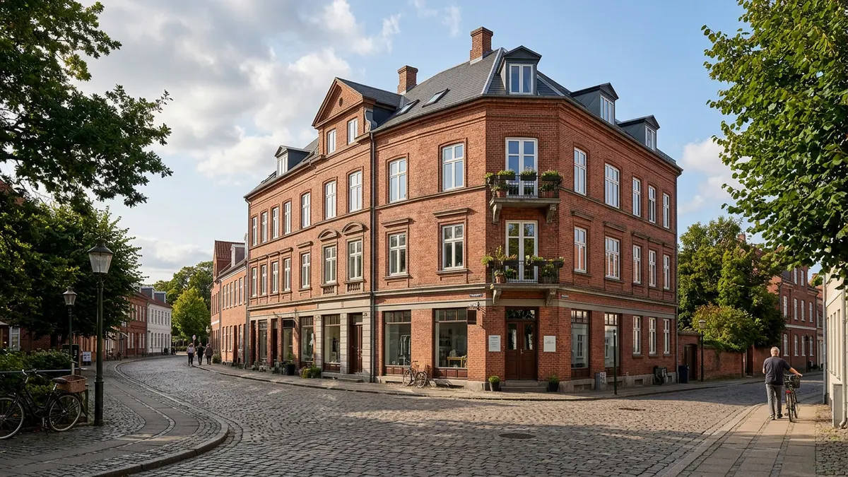 Klassisk rødstens ejendom i Randers bymidte med moderne butiksfacade i stueetagen.