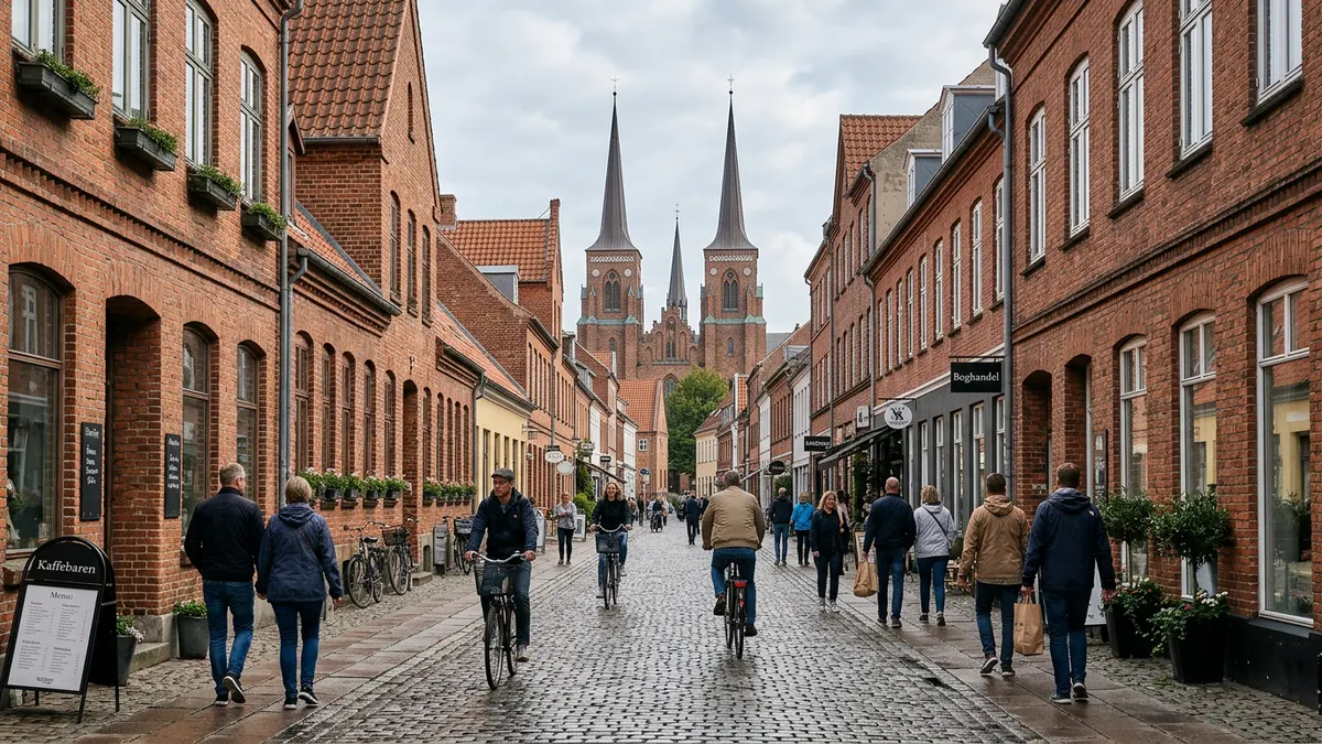 Udsigt over Roskilde by med domkirkens spir i baggrunden under en klar himmel.