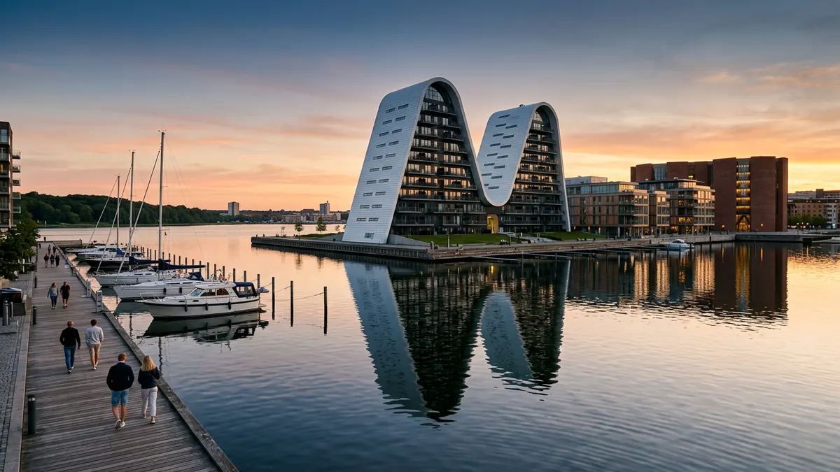 Udsigt over Vejle Fjord med moderne arkitektur og erhvervsbygninger i forgrunden