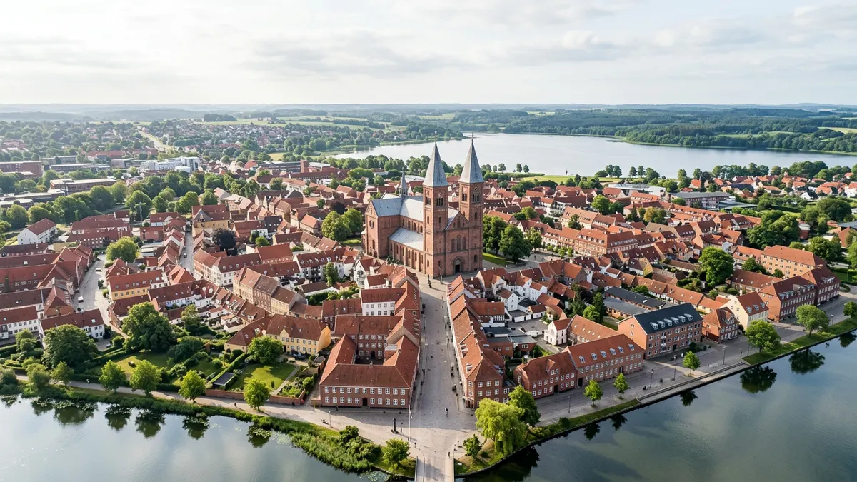Luftfoto af Viborg Domkirke og de omkringliggende historiske ejendomme i det centrale Viborg, Danmark.