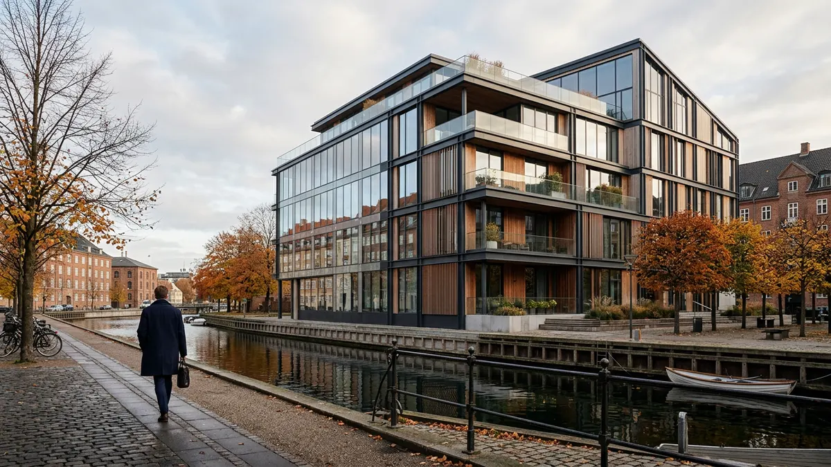 Moderne kontorejendom i Københavns Nordhavn set i efterårssolen.