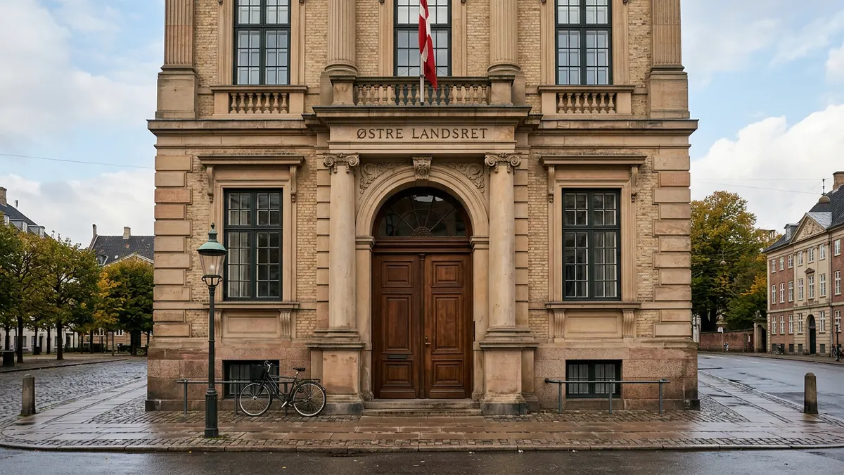 Facaden af Justitsministeriets bygning i København med dansk arkitektur og et formelt udtryk.