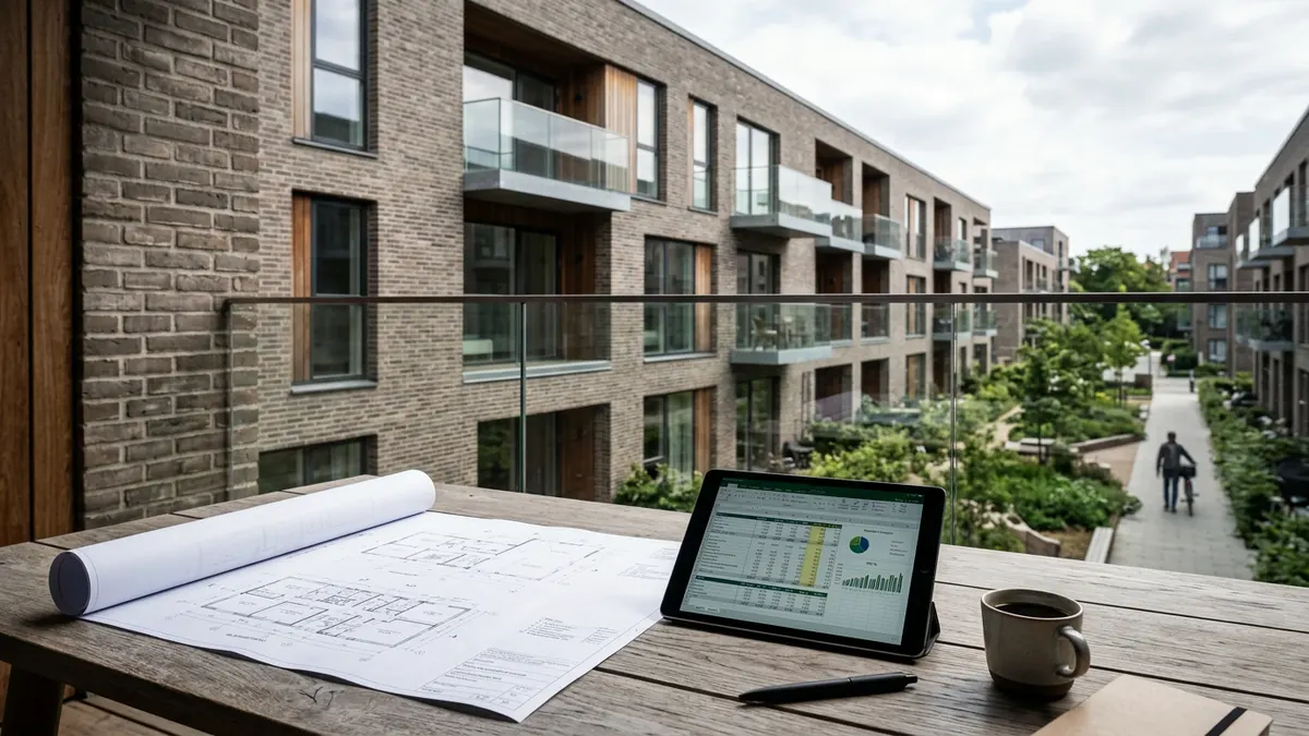 En professionel investor gennemgår tekniske tegninger og driftsbudgetter for en dansk udlejningsejendom i København.