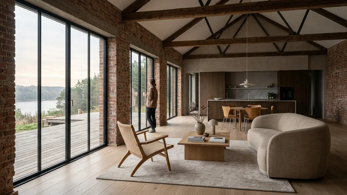 Arkitektonisk tegning af en moderne loftslejlighed i en tidligere kontorbygning i København