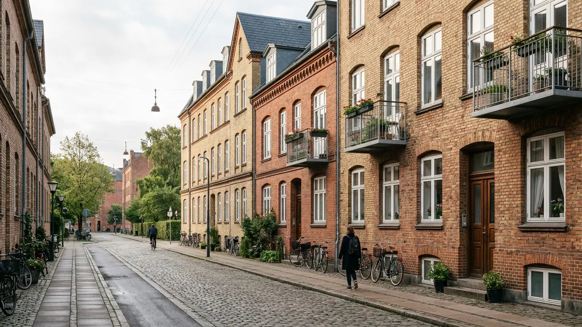 En rolig gade i København med klassiske murstensejendomme og moderne byudvikling i baggrunden under en klar septemberhimmel.