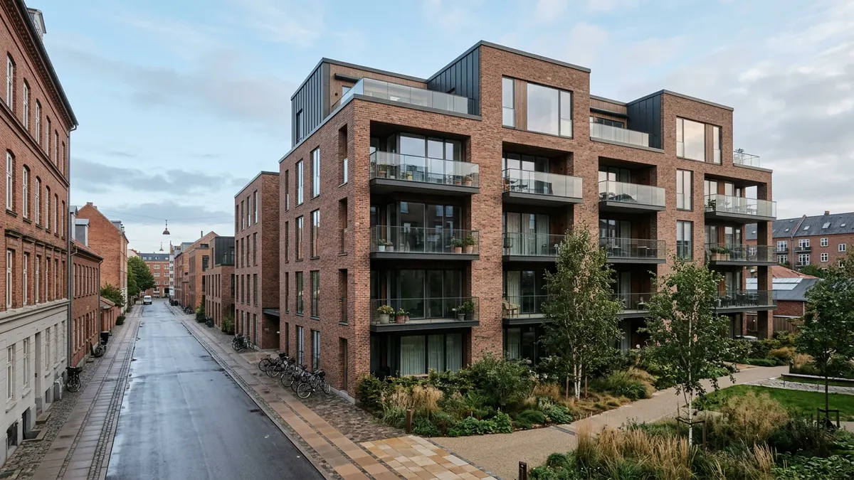 Moderne boligejendom i København som eksempel på en investeringsejendom underlagt lejeloven.